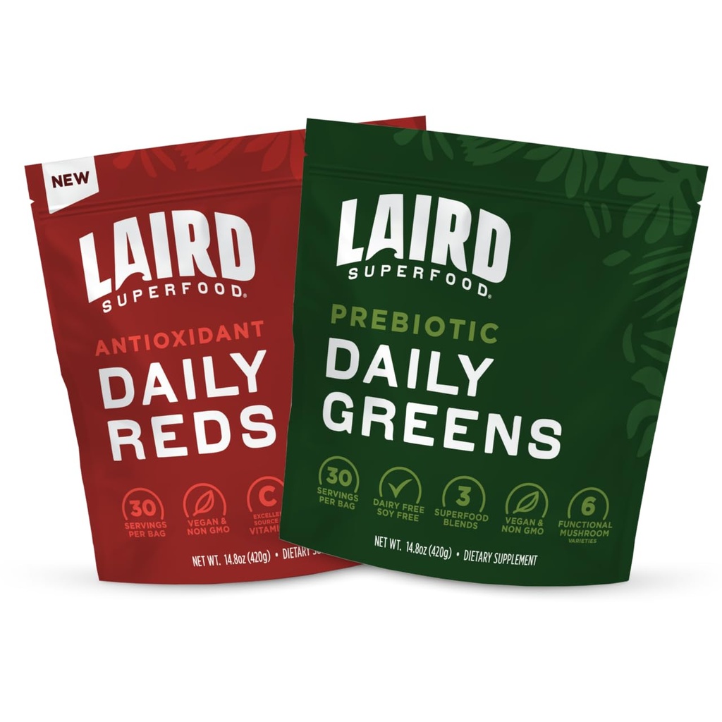 Laird Superfood Reds & Greens 번들, Prebiotic Daily Greens 및 Antioxident Daily Reds 파우더, 14.8oz