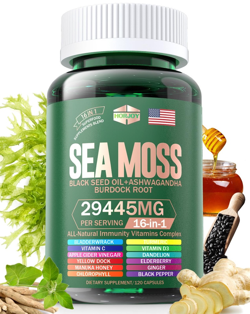 바다 Moss 12000mg 까만씨 기름 6000mg Ashwagandha 3000mg Turmeric 1000mg Bladderwrack 2000mg Burdock 3000mg & 비타민 C & Elderberry Manuka Dandelion 황색 독 Iodine Chlorophyll ACV를 가진 D3