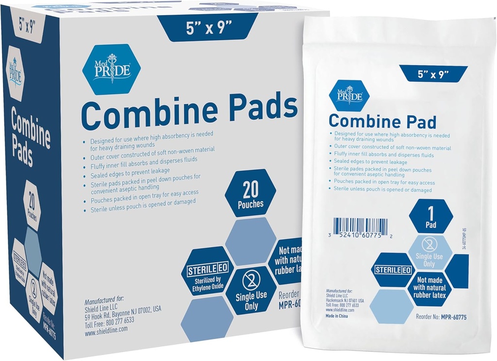 MED PRIDE Nonstick Sterile Abd Combine 패드 5x9 추가 흡수성 외과 드레싱 무거운 누설 (40 조사)