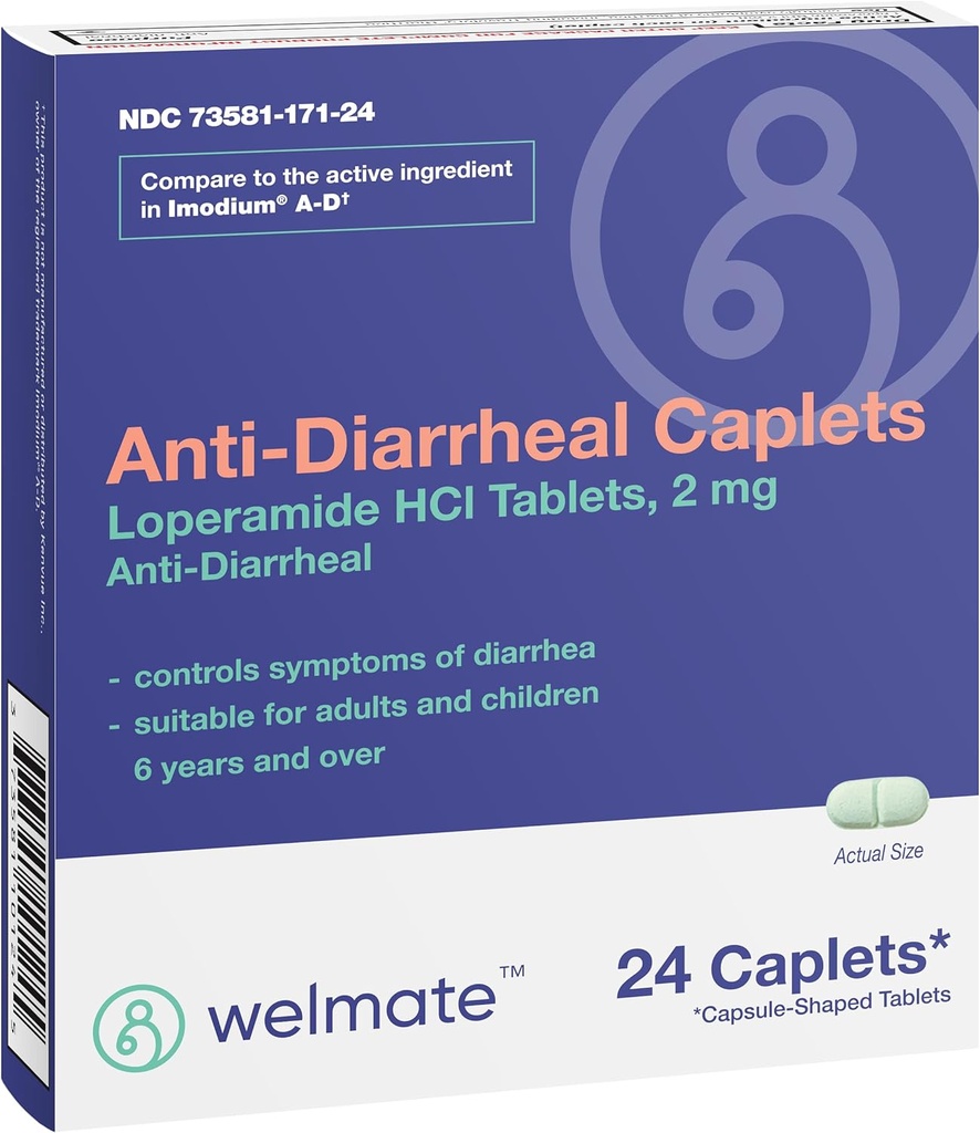 WELMATE - 항염증제 캡슐 (24의 모자) - Loperamide HCL 2 mg - 설사 증상 완화 - Stomach Reliever - 항염증제 알약 - Over-The-Counter 약물