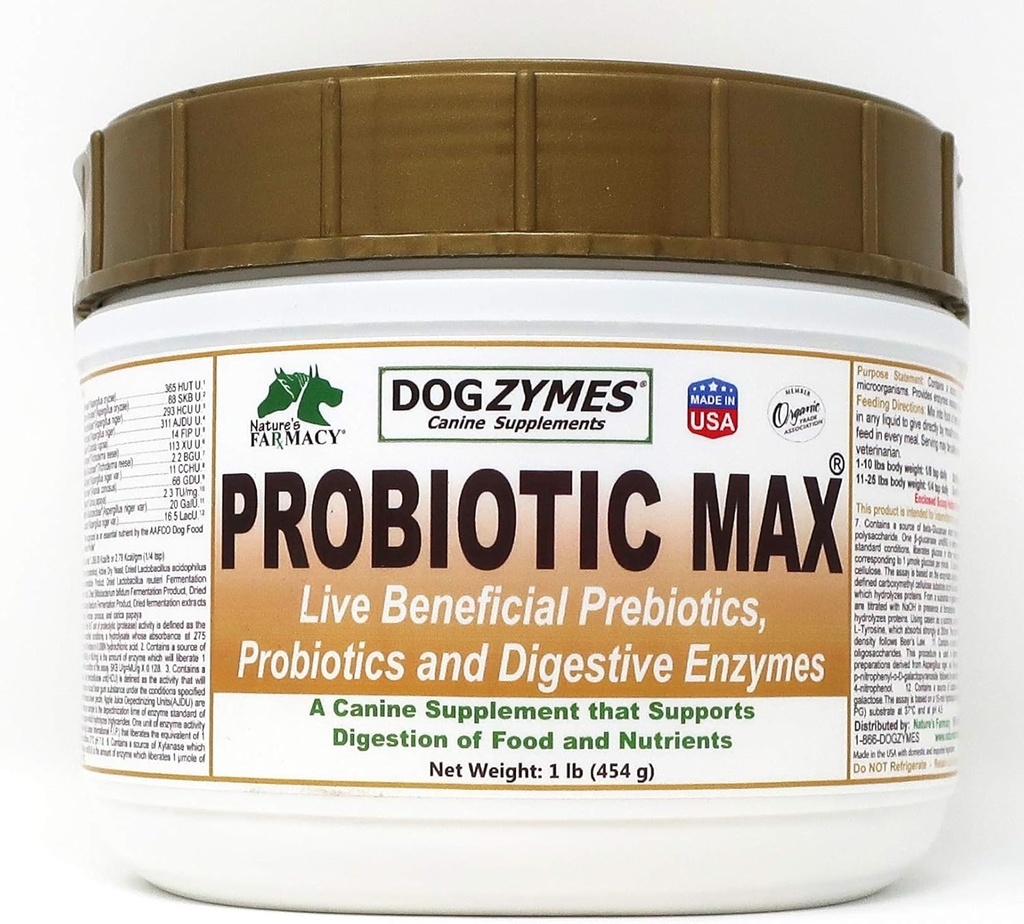 Dogzymes Probiotic Max -10 억 CFU의 Probiotics, Prebiotics, 소화 효소 - 구제 Diarrhea, Upset Stomach, Constipation, 가스, 알레르기, 면역 및 전반적인 건강 (1 파운드)