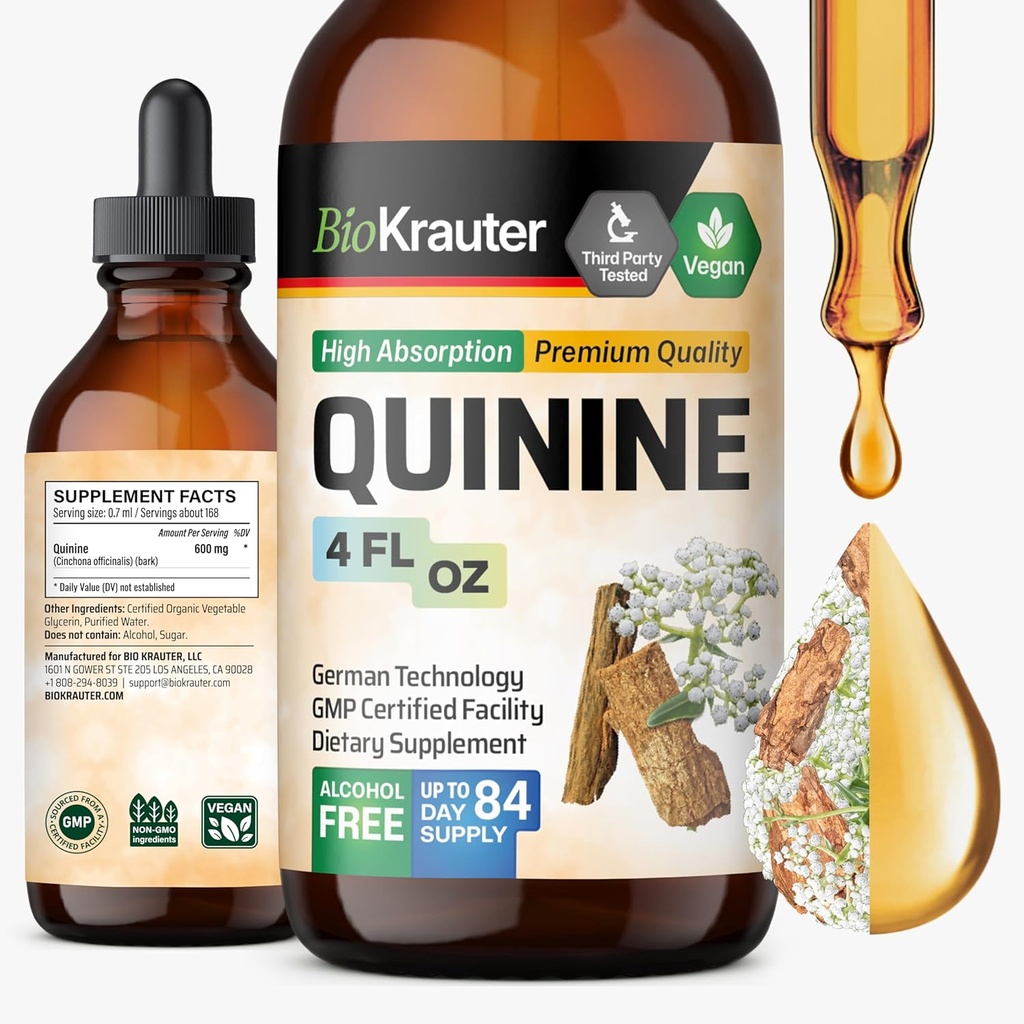 다리 크림 Tincture 용 BIO KRAUTER Quinine - Cinchona Bark Extract - Vegan Quinine Liquid - 알코올 및 설탕 무료 추출물 4 Fl.Oz.