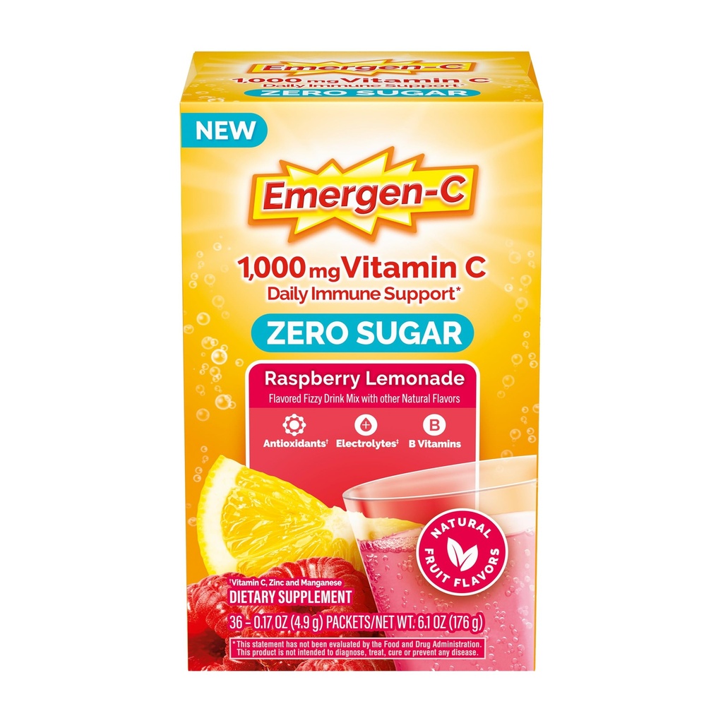 Emergen-C Zero Sugar 1000 mg Vitamin C Powder for Daily Immune Support Caffeine 무료 비타민 C 보충제 아연 및 망간, B 비타민 및 전해질, 라즈베리 레몬 맛 - 36 개