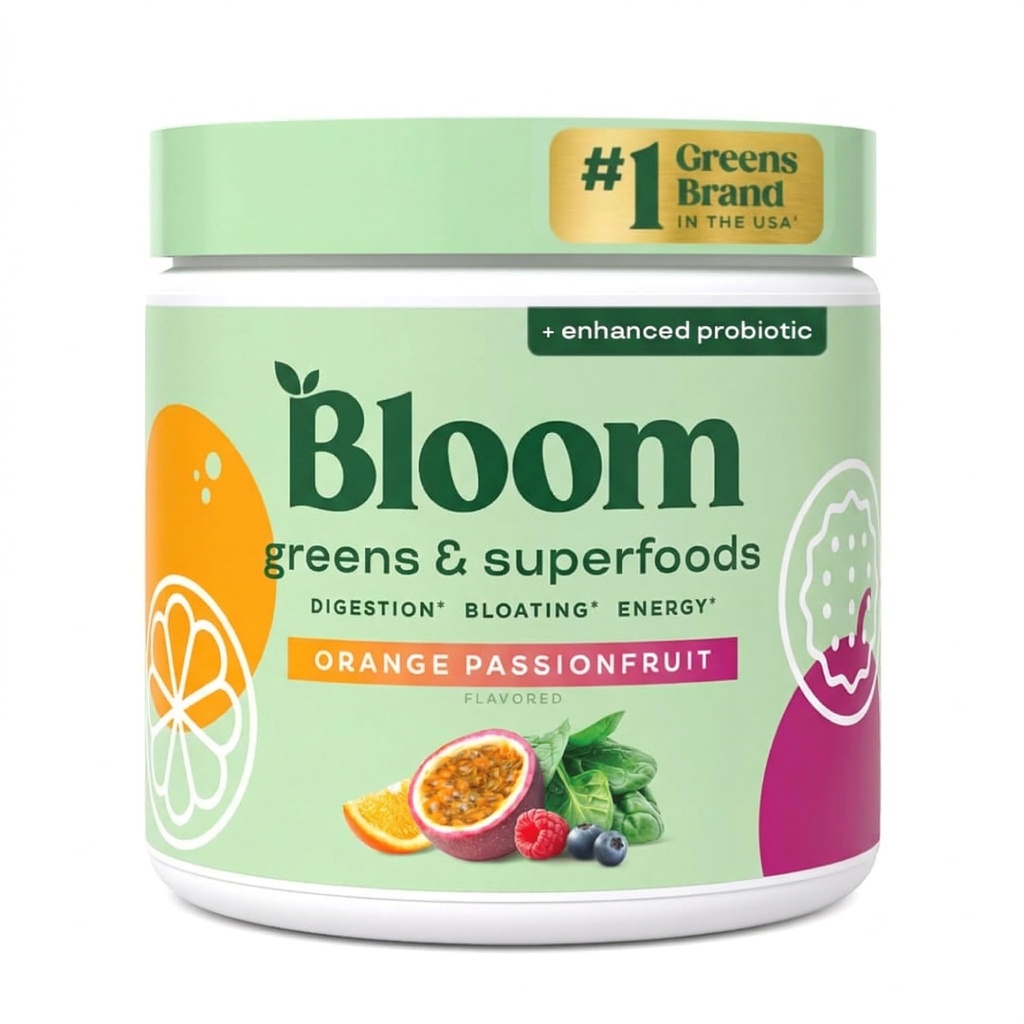 Bloom Nutrition Superfood Greens Powder, Probiotics 및 Prebiotics, Gut Health, 여성, Chlorella, Juice Mix w / Beet Root Powder, 30 SVG, Orange Passionfruit에 대한 부유 한 효소