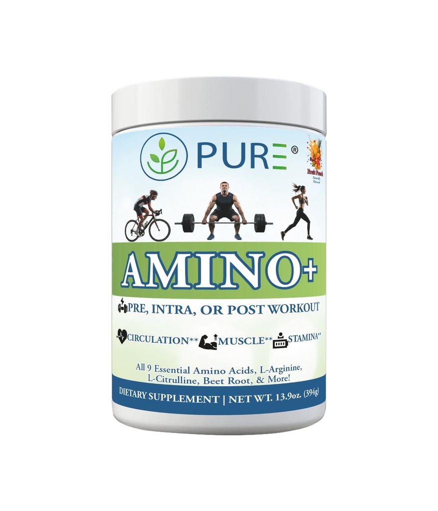 PURE Amino+ 음료 혼합, 과일 스플래시, 9 에센셜 아미노산, L 아르기닌, L-Citrulline, 501g, 30 서빙, 프리미엄 웰빙 보충