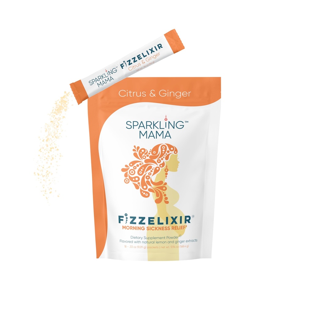 SPARKLING MAMA : 아침 스크리닝 음료, Fizzelixir Effervescent Mix Settles Stomach, 임신, 1st Trimester, IBS, Nausea, USA Made (비타민 B6, 마그네슘 & Folic Acid), Citrus & Ginger 18 스틱