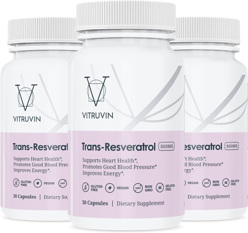 Vitruvin Trans-Resveratrol 500mg의 3개의 병 팩, 채식주의자, 비 GMO, 글루텐 자유로운, 젤라틴 자유로운.