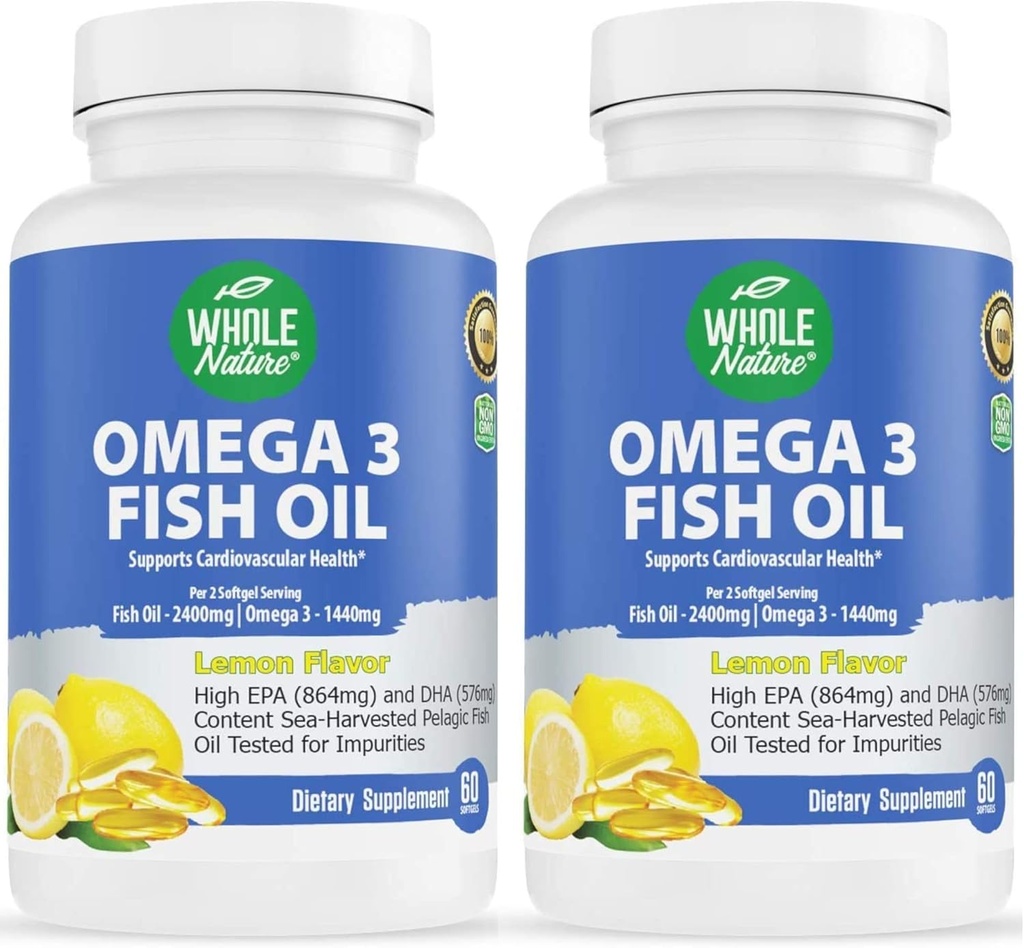 오메가 3 물고기 기름 보충교재, 최대 힘 2400 mg Omega-3, 1440mg 물고기 기름, EPA 및 DHA 지방산, 여자와 남자를 위한 심장 & 면역성이 있는 지원. 자연적인 레몬 풍미, 120ct (2)