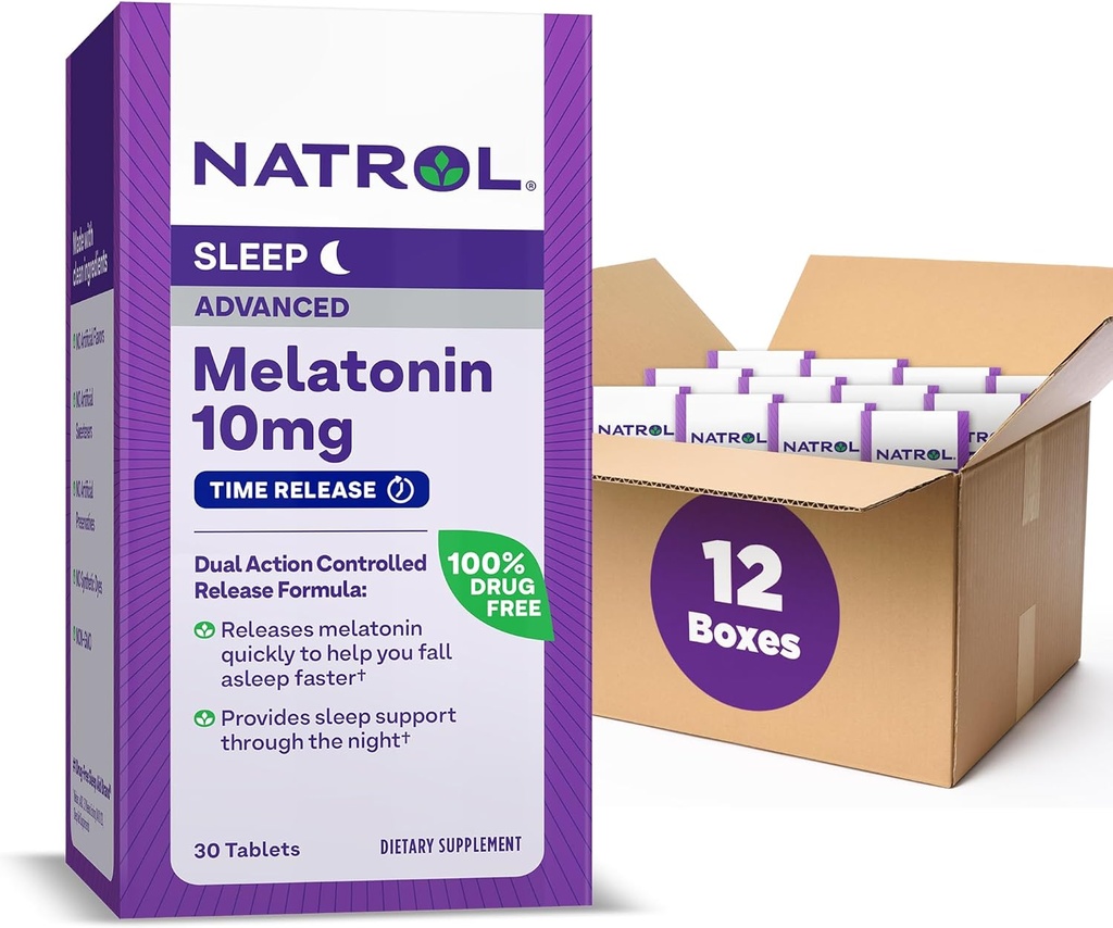 Natrol 고급 수면 Melatonin 10mg, 수면을위한 다이어트 보충, 시간 릴리스 Melatonin 정제, 30 시간 릴리즈 정제, 30 일 공급 (12 팩)