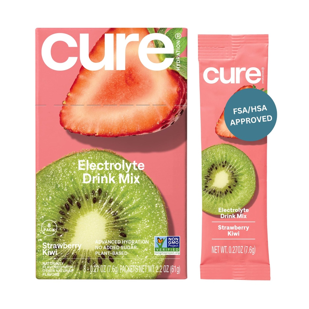 Cure Hydration | 식물 기반 전해질 음료 믹스 | 추가 설탕 없음 | 코코넛 워터로 만든 탈수 릴리프 파우더 | 비 GMO | Vegan | 8 팩 박스 - Strawberry Kiwi