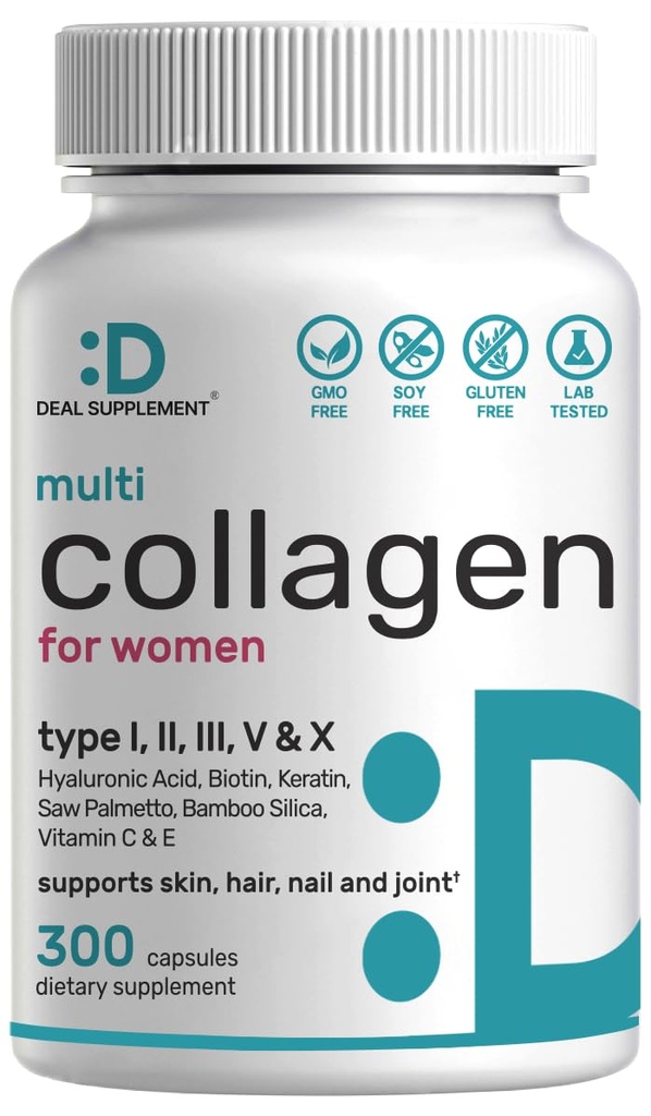 비타민 C, E & Biotin, 300 캡슐과 멀티 콜라겐 알약 - Hydrolyzed Collagen 펩타이드 - 톱 팔로토, 대나무 실리카, & 히알루 론산 - 헤어, 스킨, 네일, & 관절 건강