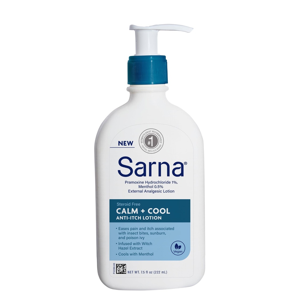 Sarna Calm + Cool Anti-Itch Lotion, Soothe 및 Relieve Pain and Itch from Insect Bites, Sunburn, & Poison Ivy, 1 % Pramoxine 염산염, 0.5 % Menthol, Vegan, 스테로이드 - 무료, 7.5oz