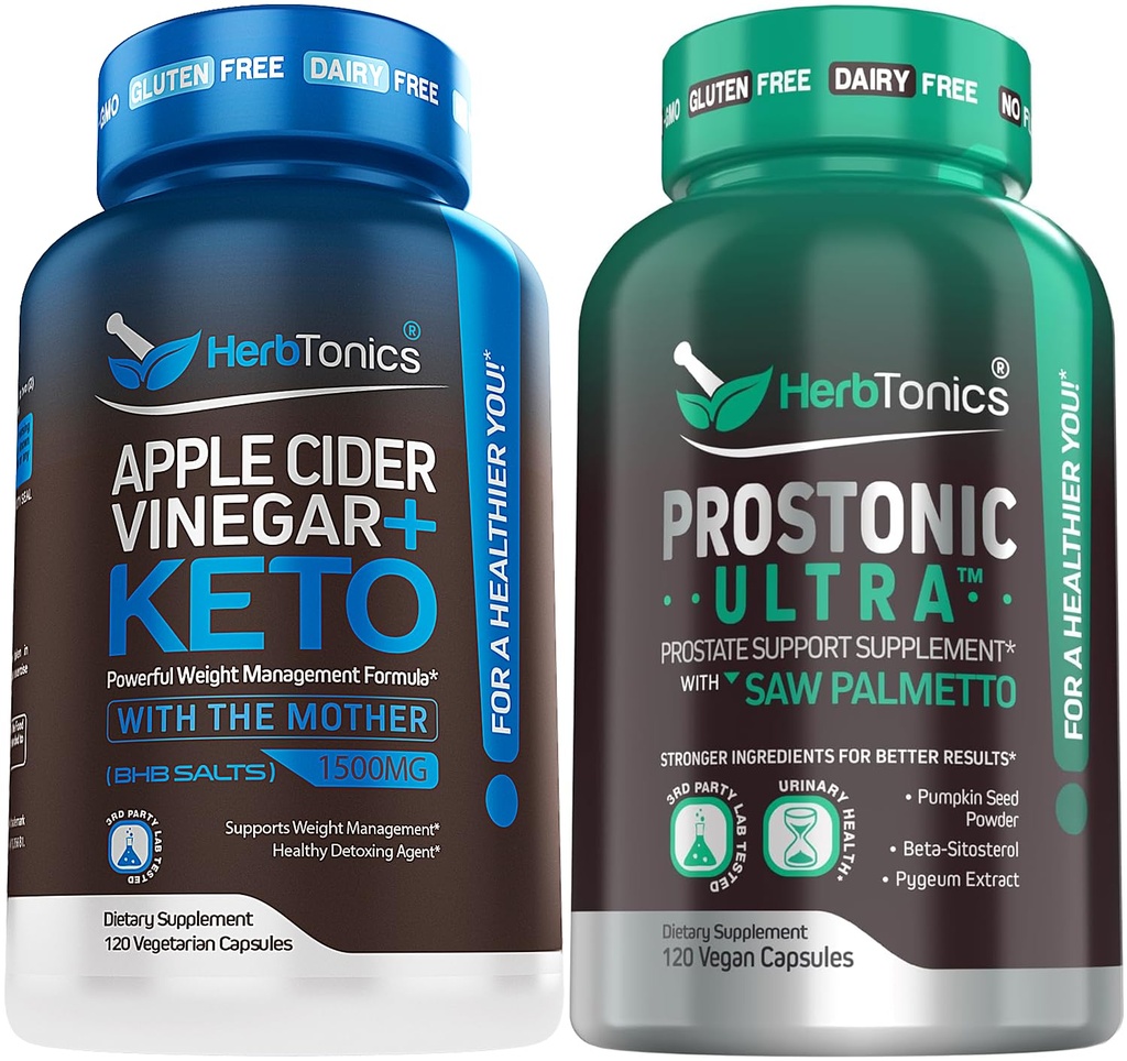Herbtonics Apple Cider Vinegar 캡슐 플러스 Keto BHB | 여성 및 남성을위한 지방 버너 및 체중 감소 보충 - 남성 건강을위한 전립선 지원 보충 | 톱 팔로토 베타 Sitosterol