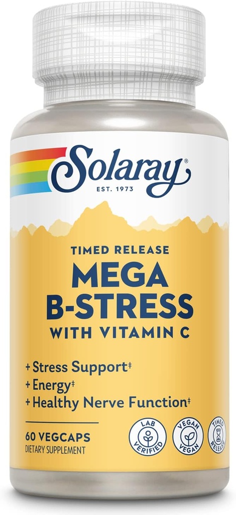 SOLARAY Mega Vitamin B-Stress, 스트레스, 에너지, 적혈구 및 면역 지원, 60 일 보증, Vegan, 20 서빙, 60 VegCaps에 대한 비타민 C 1000 mg의 비타민 B 복합체
