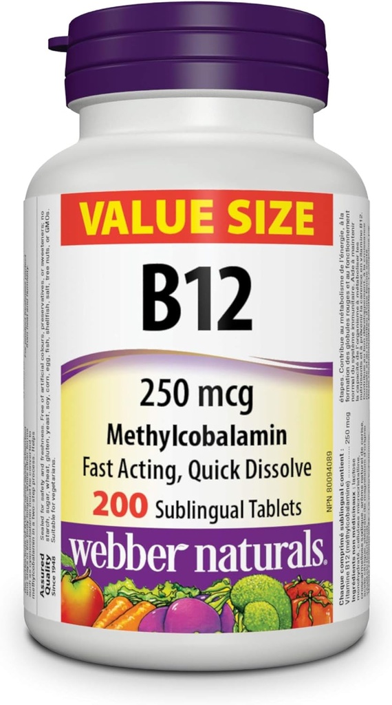 Webber Naturals 비타민 B12 250 mcg Methylcobalamin, 200 하위 언어 정제