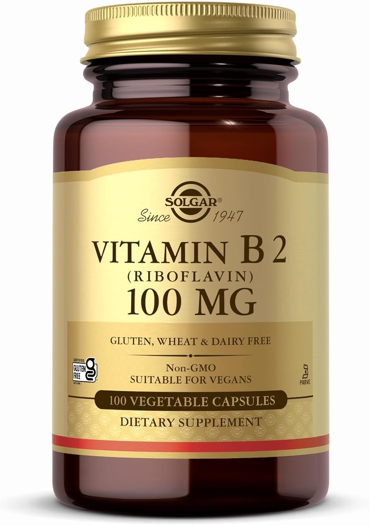Solgar 비타민 B2 (Riboflavin) 100mg - 100 식물성 캡슐 - Non-GMO, Vegan, Gluten 무료, Dairy 무료, Kosher - 100 서빙