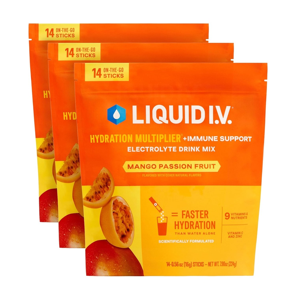 액체 I.V.® Hydration Multiplier +Immune support - Mango Passionfruit | Electrolyte Powder Drink Mix | 3 팩 (42 인분)