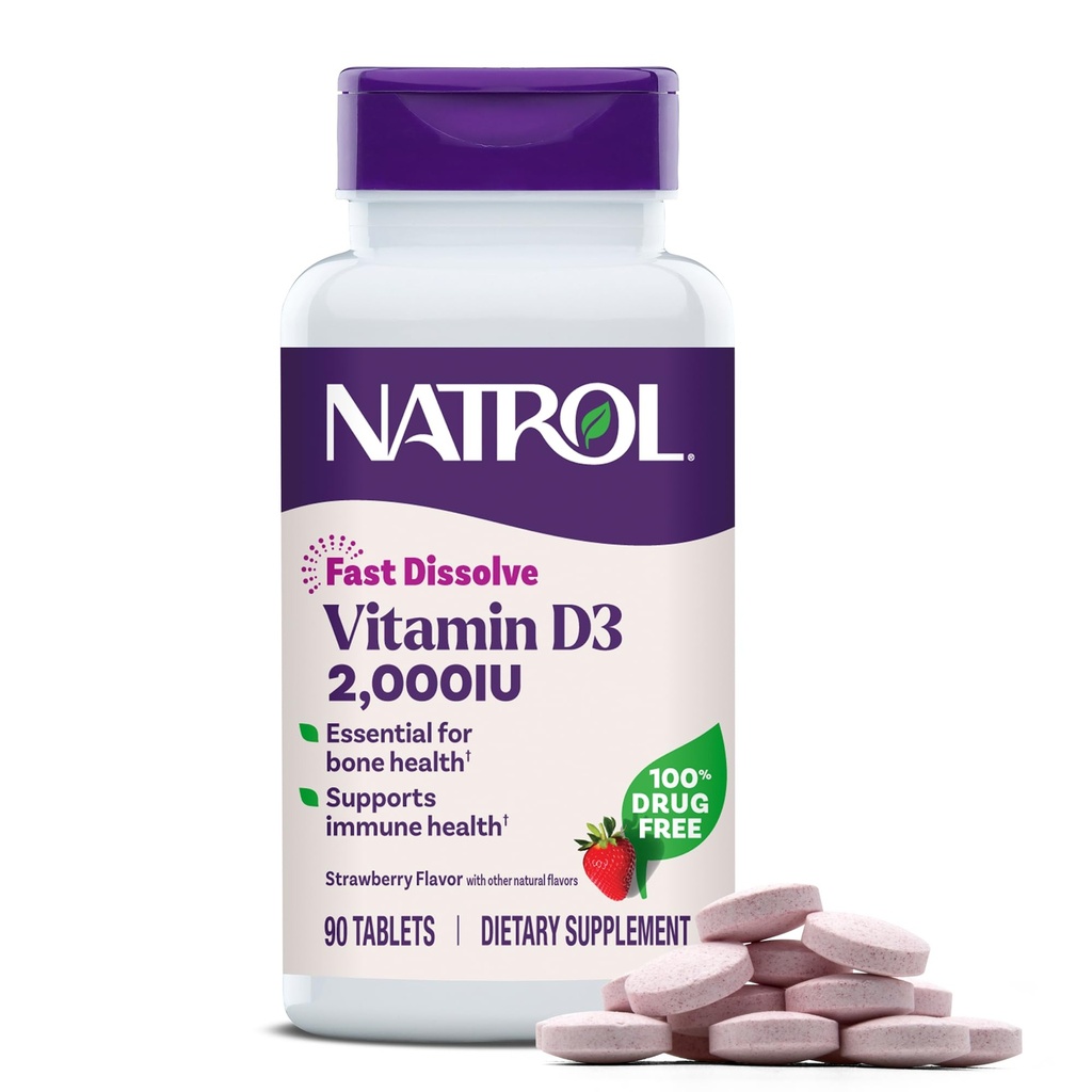 Natrol 빠른 용해 비타민 D3 2,000 IU, 뼈와 합동 건강을 위한 규정식 보충교재, 뼈 지원 보충교재, 90의 정제, 90의 일 공급