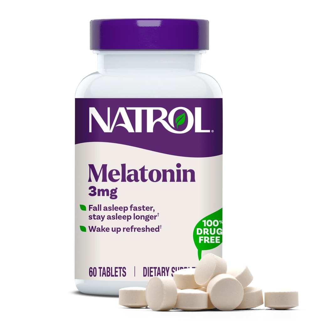 Natrol Melatonin 3 mg의 휴식 수면을위한 규정식 보충교재, 성인, 60 Melatonin 정제, 60 Day Supply