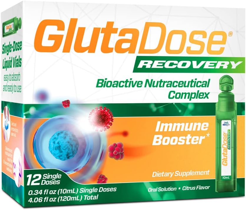 GlutaDose Recovery Immunity 보충교재 - 아이 & 성인을 위한 액체 비타민 면역 지원, 감기 & 홍조 배려 포장 (Glutathione Astragalus Echinacea Acerola) 여성 남자를 위한 면역 부스터 - 12의 작은 유리병