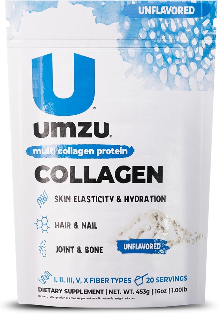 UMZU ZuCollagen Hydrolyzed Protein Powder | 건강한 모발, 피부, 손톱, 관절 및 Gut를위한 5 콜라겐 펩타이드 유형 | 저 칼로리, 고단백 (20g Protein per Serving | Unflavored)