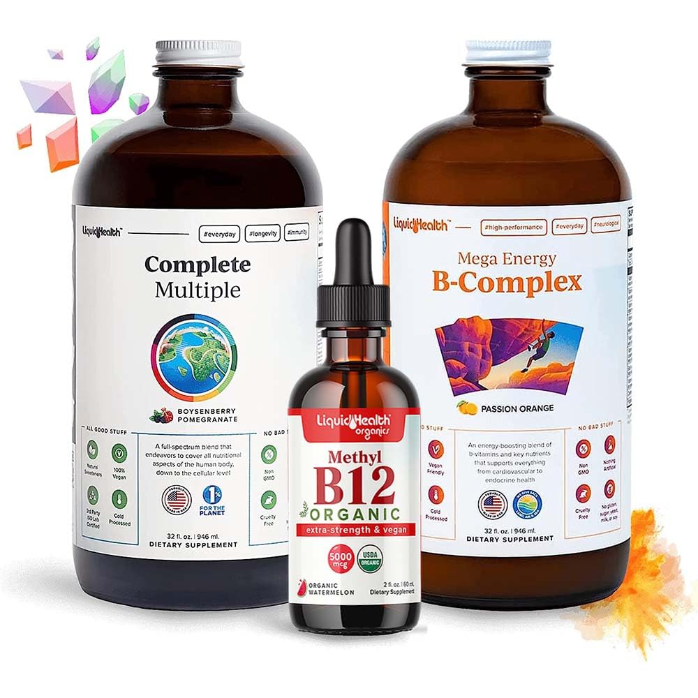 LIQUIDHEALTH Mega Energy B-Complex를 가진 성인을 위한 고성능 비타민 뭉치, 완전한 다수 Multivitamin & 유기 비타민 B12 하락 - 부스트 자연적인 에너지 & 개량 운동 성과