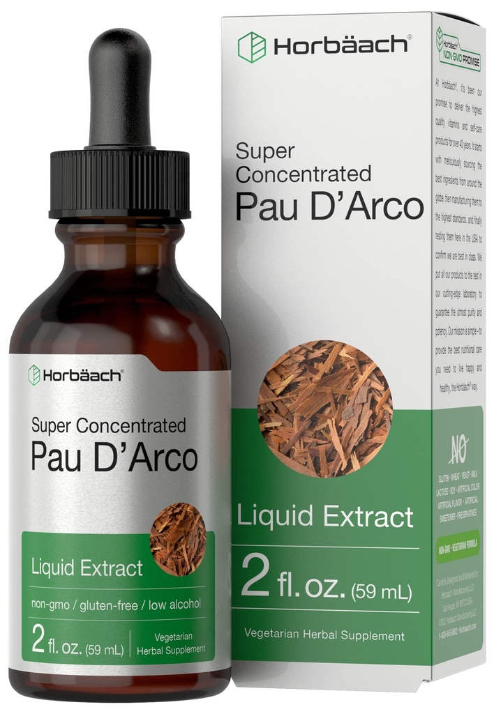 Horbaach PAU D Arco Bark Tincture | 2 fl oz | Tabebuia Avellanedae 허브 추출물 | 낮은 알코올 액체 드롭 | 채식주의, 비 GMO 및 글루텐 무료 초본 보충