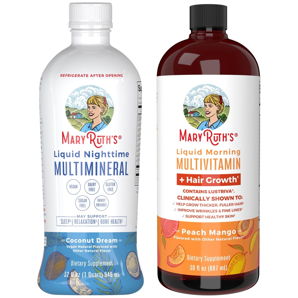MaryRuth 's Nighttime Multimineral (Coconut, 32oz) & Multivitamin Liquid + Hair growth (Peach Mango, 30oz) | Clean Label Project Verified® | Bedtime Routine & Beauty | 슈가프리, 비건, 글루텐 프리