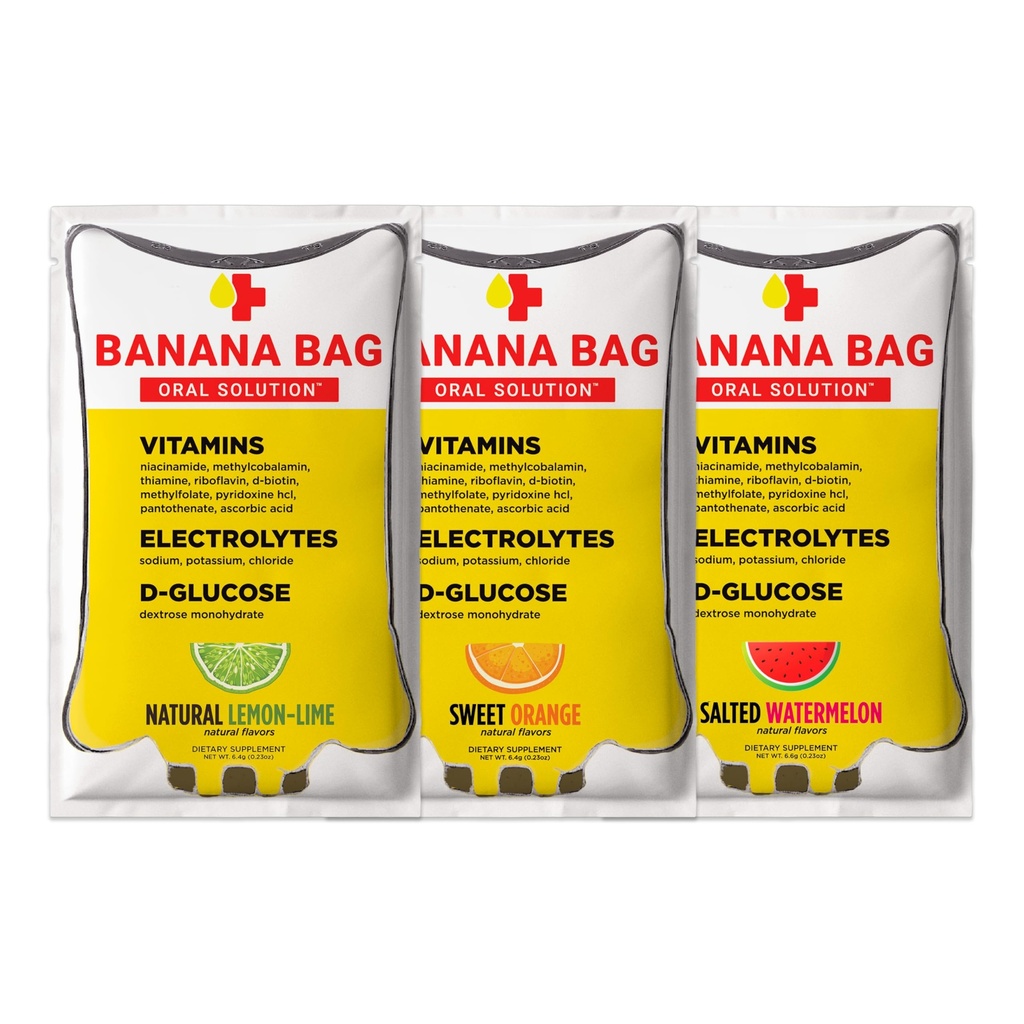 바나나 가방 구두 솔루션 패킷 – 다양성 팩 6pk | Electrolytes, Vitamin C, B-Complex의 새로 고침 혼합 | Hydration 및 Daily Boost Anytime-at Home, Work, 또는 Go에서 제작