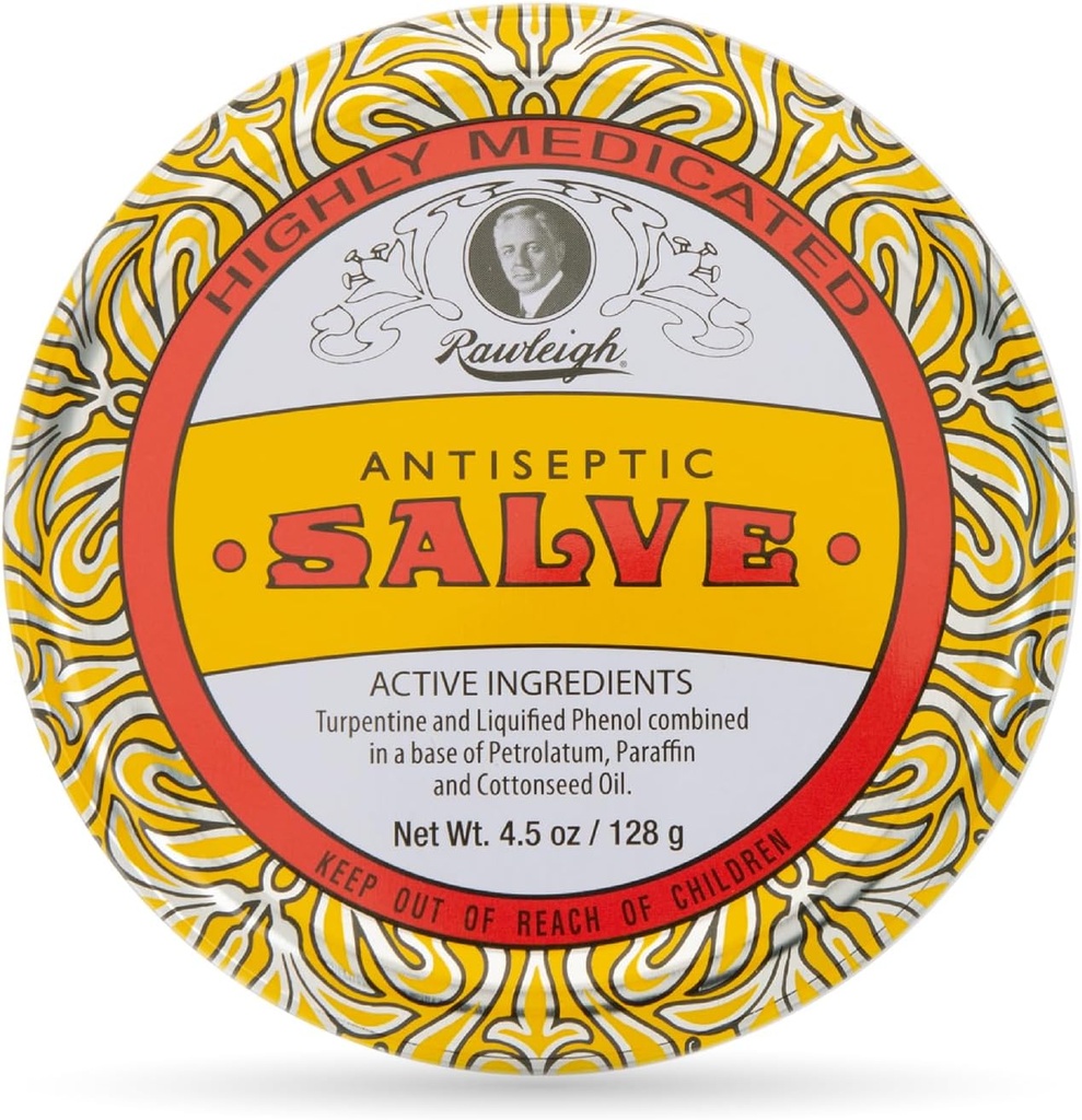 Rawleigh Antiseptic Salve Iconic Yellow Big Tin : 4.5 oz, Natural, Multi-Purpose Ointment Soothes Skin Cuts, Bruises, Irritations, Turpentine, Phenol, Cottonseed Oil, Original Formula - 1 팩