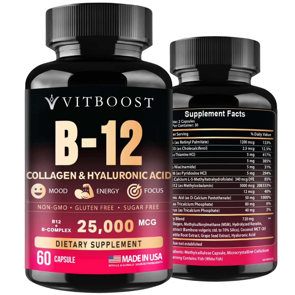 Hyaluronic 산, 교원질 및 Folate를 가진 B12 – 25000 mcg B12 복합물| 흡수를 극화하고 에너지 | 글루텐 자유로운 미국 만드는, B1, B2, B3, B6, B7, B12 비타민 5000 mcg Methylcobalamin - 60의 캡슐