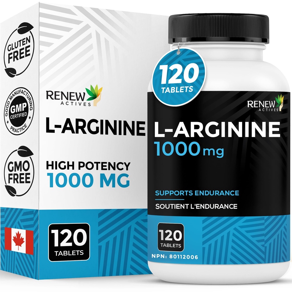 Renew Active L-Arginine 보충 1000MG - 힘 & 내구시간, 단백질 종합 & 근육 기능, 물리적 성능 부스터 - 캐나다에서 만든 - 120 정제