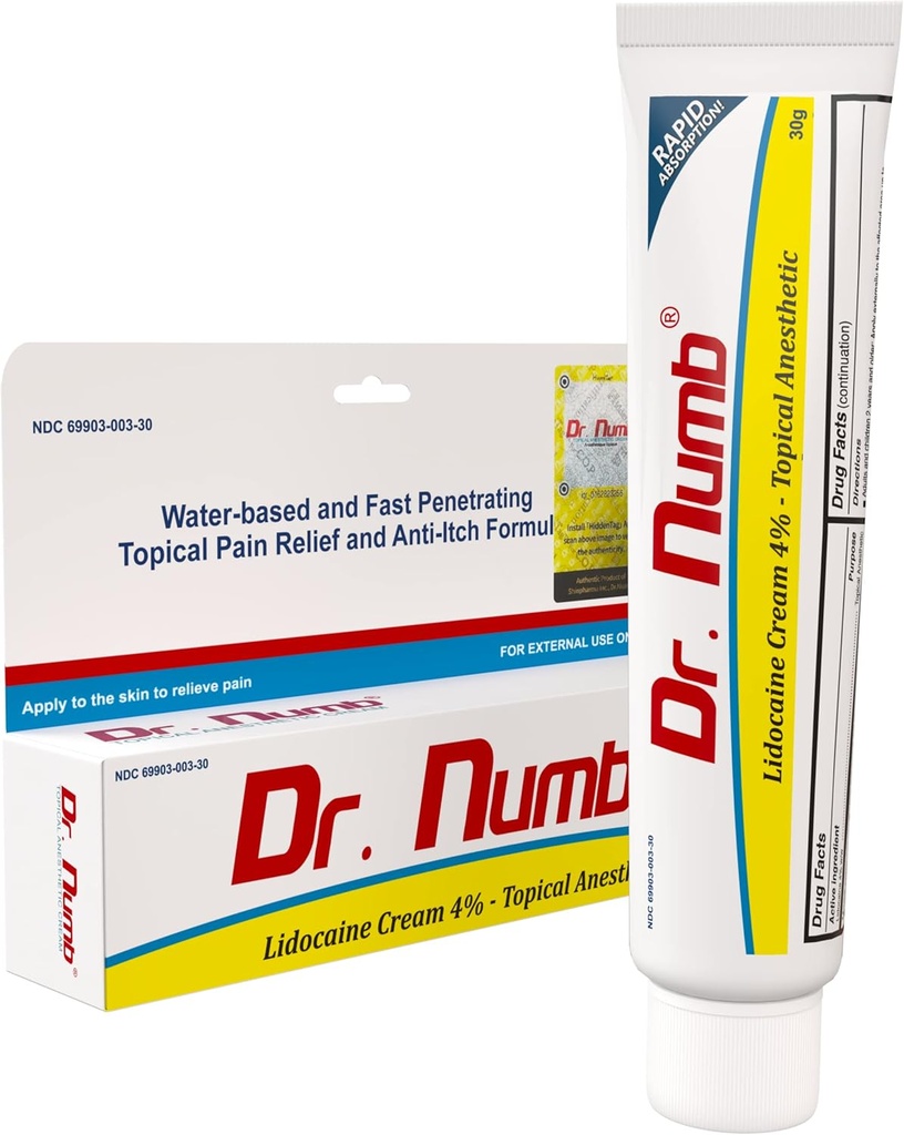 Dr. Numb 4% 리도카인 크림 – Hemorrhoid와 Local Discomfort의 임시 구호를 위한 화제 마취약 – 비타민 E – 30g (1 팩)