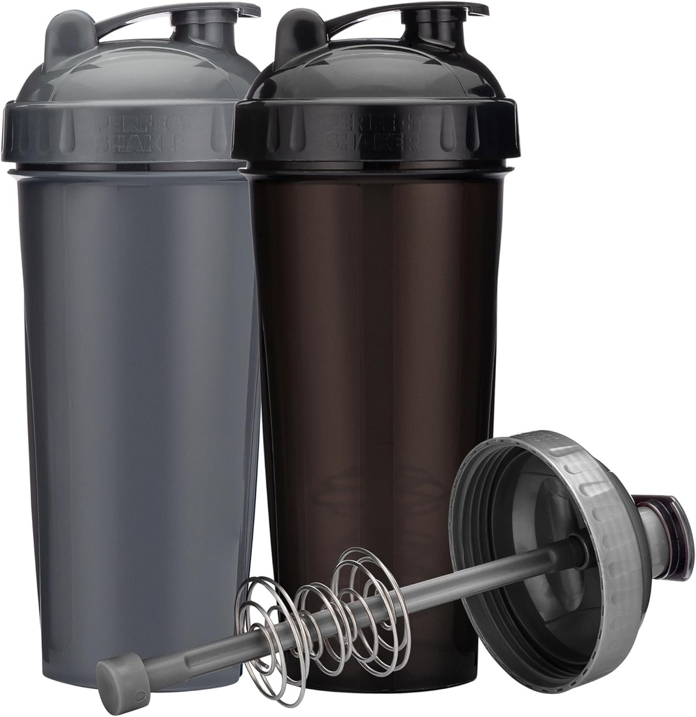 [2-Pack] 28-Ounce 셰이커 병 | 액션로드 와이어 믹서가있는 단백질 셰이커 병 | 셰이커 컵은 BPA 무료 및 접지 닦은 안전 | 검정 및 회색