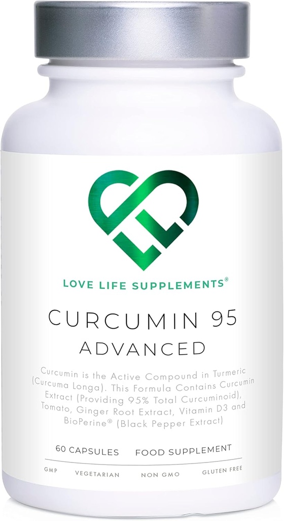 Curcumin 95 고급, 60 캡슐, 고 강도 Curcumin (터치의 활성 성분) 95 % Curcuminoids + BioPerine® (블랙 페퍼 추출물), 비타민 D, 토마토 및 생강 뿌리, GMP 승인
