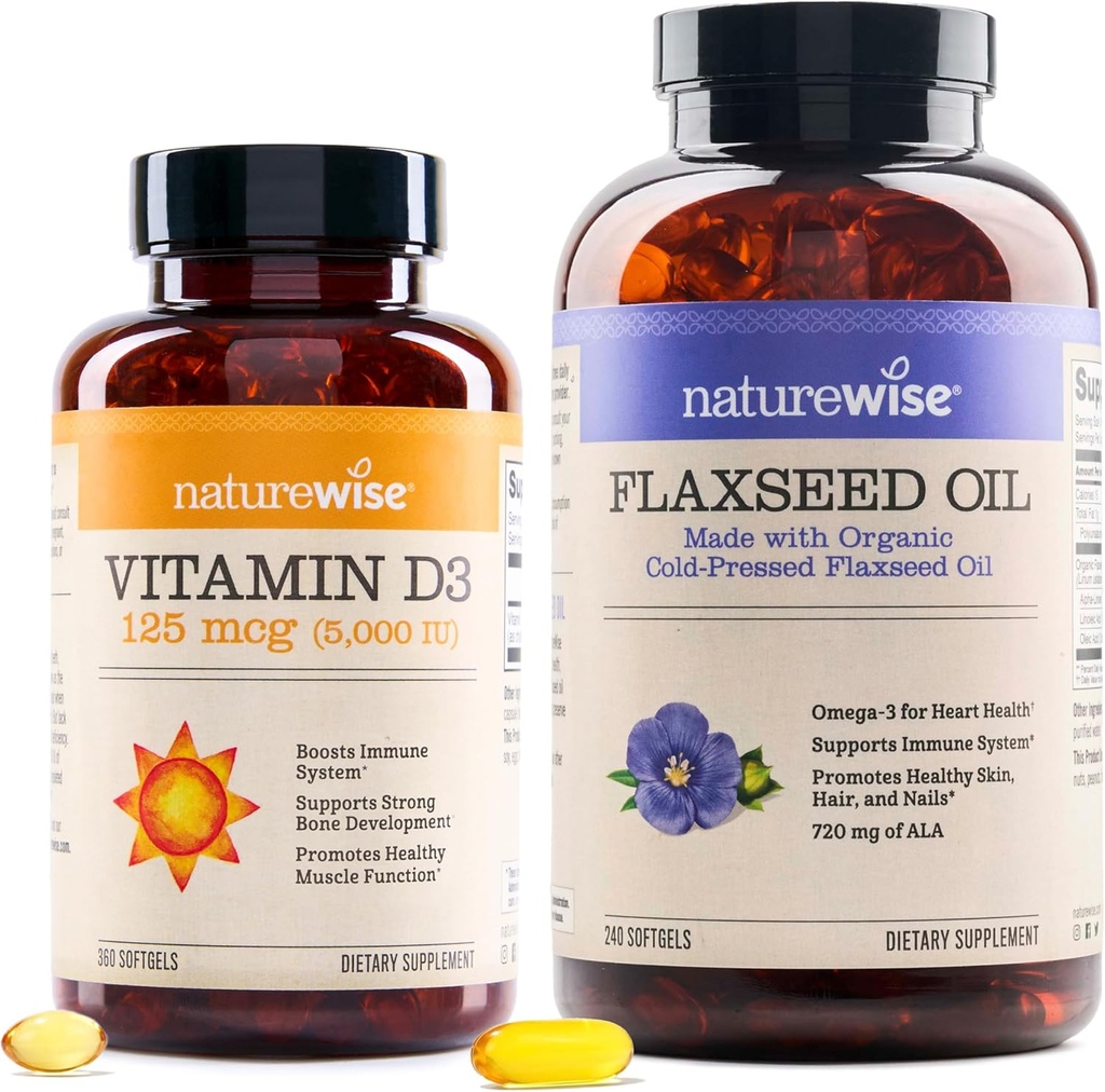 NatureWise 비타민 D3 5000iu (125 mcg) 건강한 근육 기능을 위한 1 년 공급, 그리고 면역 지원 유기 Flaxseed 기름 최대 720mg ALA | 가장 높은 힘 Flax 기름 Omega 3