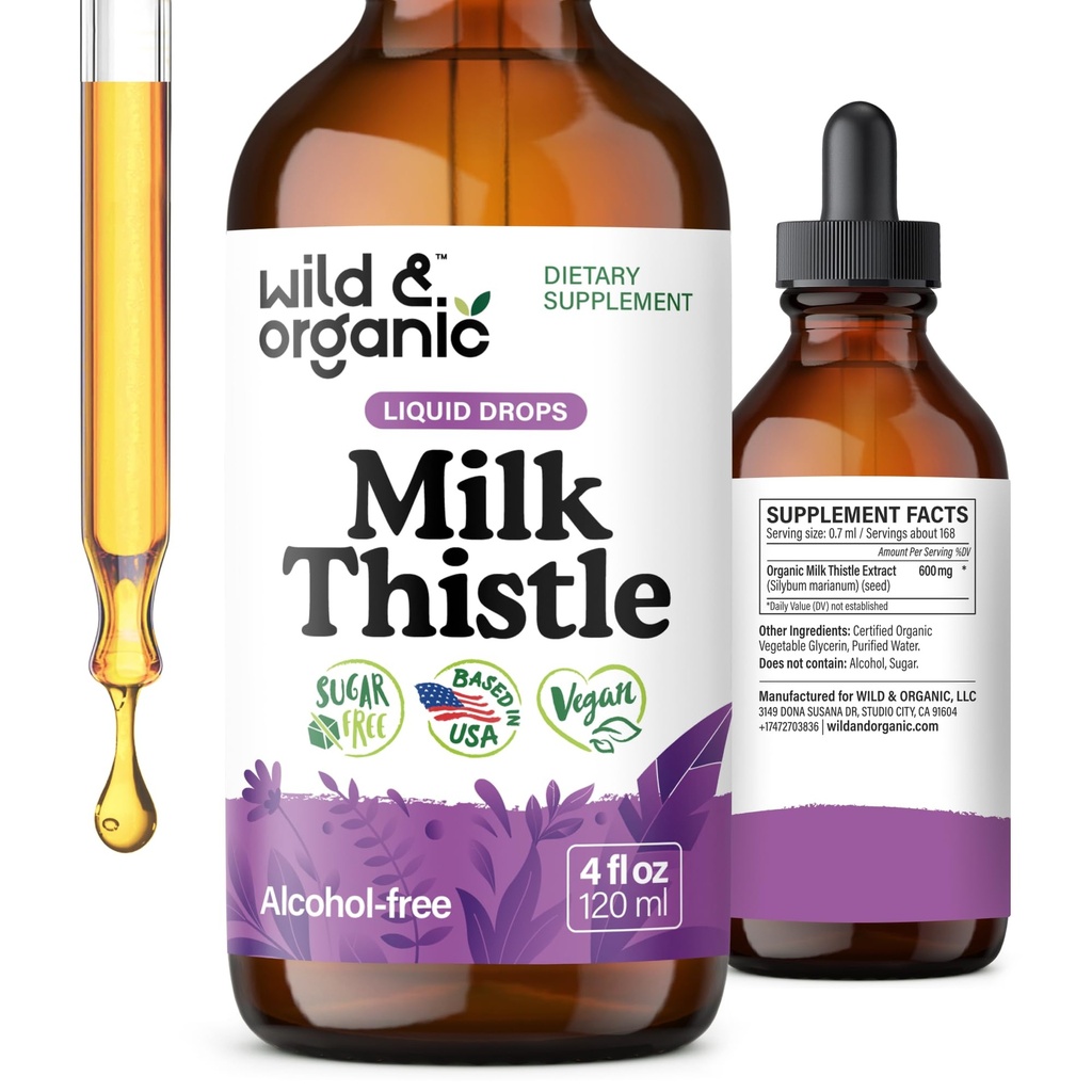 Wild & Organic Milk Thistle Liquid Drops - Liver Cleanse Detox - Silymarin Milk Thistle Supplement for Liver Support - 차에 추가 - Silybum Marianum Seed Extract Tincture - Sugar & Alcohol-Free - 4 oz
