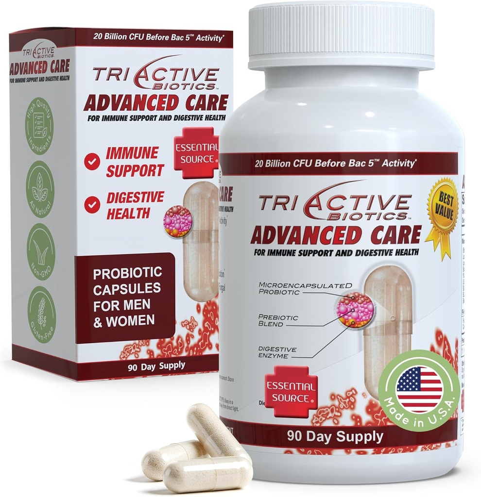 에센셜 소스 TriActive Biotics 고급 케어 - 소화 건강, 면역 지원 보충교재, 여성 및 남성을위한 Microencapsulated Probiotics, 90 Ct 캡슐