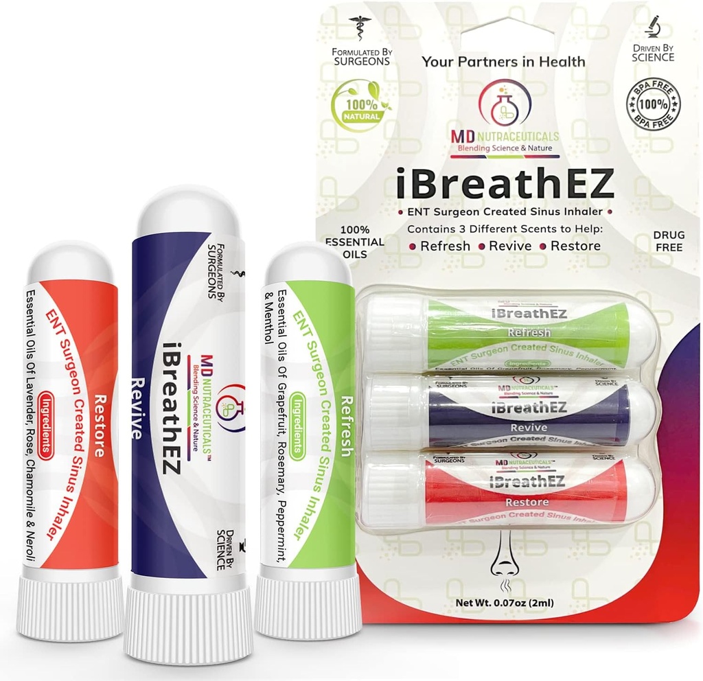 iBreathEZ Nasal Sinus Inhaler Kit는 에너지, 스트레스, Decongesting & Cold 또는 Allergy Relief (3 팩)에 필수적인 오일을 가진 ENT Surgeons에 의해 공식화했습니다.