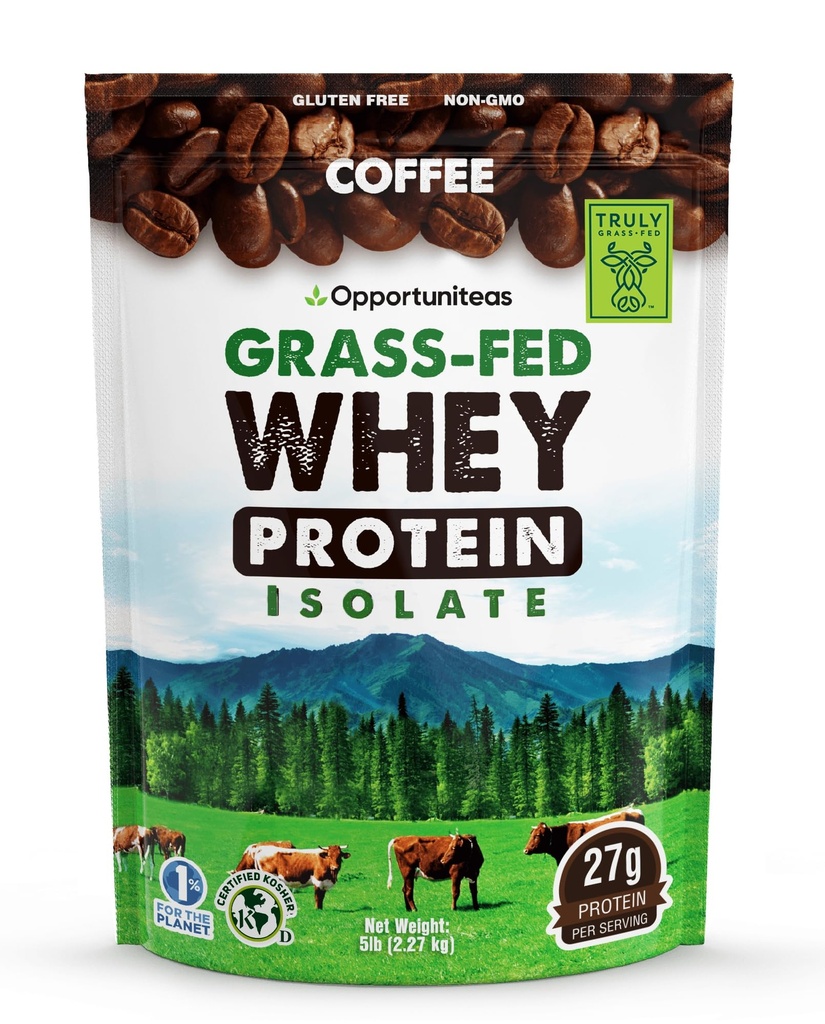 Opportuniteas 잔디에 의하여 먹인 커피 Whey 단백질 Isolate 분말 - 인공 감미료 없는 27g 단백질 분말, 60mg 카페인, 호르몬 자유로운 쿠스 - 5lb