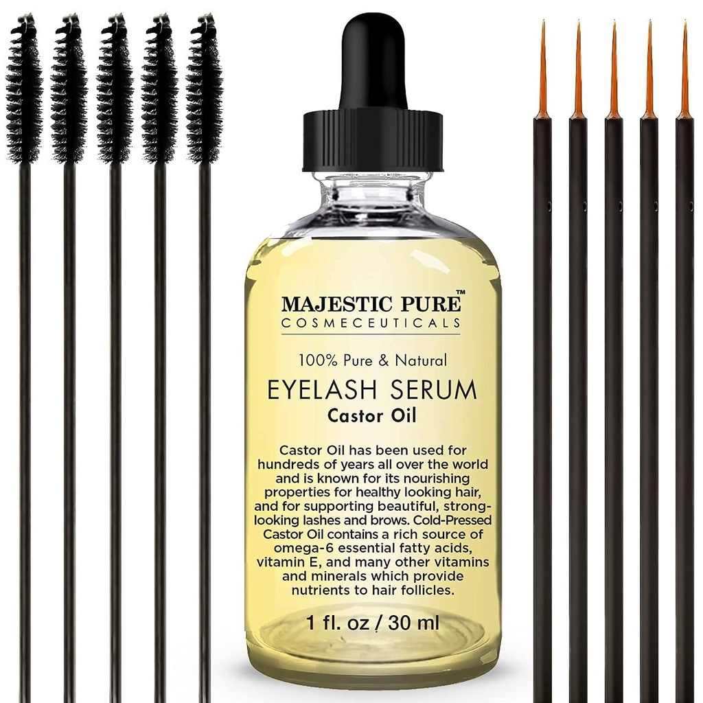 Majestic Pure Castor Oil Eyelash Serum - Apple & Argan Stem Cell - 더 두꺼운 속눈썹, 눈썹 및 헤어를위한 속눈썹 성장 세럼 - Mascara Brush & Eyeliner Applicator의 무료 세트 - 1 fl oz