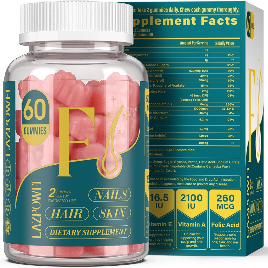 Biotin Gummies - 헤어 피부와 남성 & 여성을위한 네일 비타민, Vegan 비타민 B7, 머리 성장과 더 강한 손톱,30 일 공급 - Raspberry-60 Count