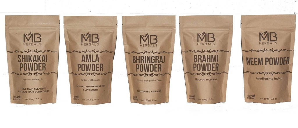 MB Herbals Hair Care Powders COMBO Pack | 시카카이 | Neem | Brahmi | Amla | Bhringaraj | Powder | 100 Grams 각 | 모발 팩 | 외부 사용