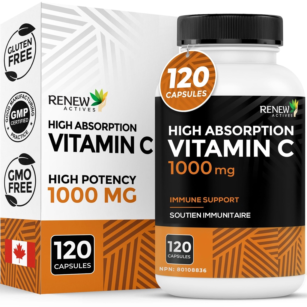 RENEW ACTIVES 최대 힘 비타민 C 1000MG 서빙 당 – 산화 방지제 & 전반적인 건강을 위한 면역 부스터, 뼈, 이 & Gums – 비 GMO, 설탕 자유로운, 4 달 공급 – 캐나다에서 만드는 – 120의 캡슐