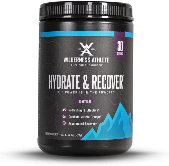 Wilderness Athlete - Hydrate & Recover | Liquid Hydration Powder Electrolyte Drink Mix - Bcaas와 패스너를 복구 - 비타민 C 1000mg의 하이드로 테 파우더 - 30 서빙 욕조 (베리 폭발)