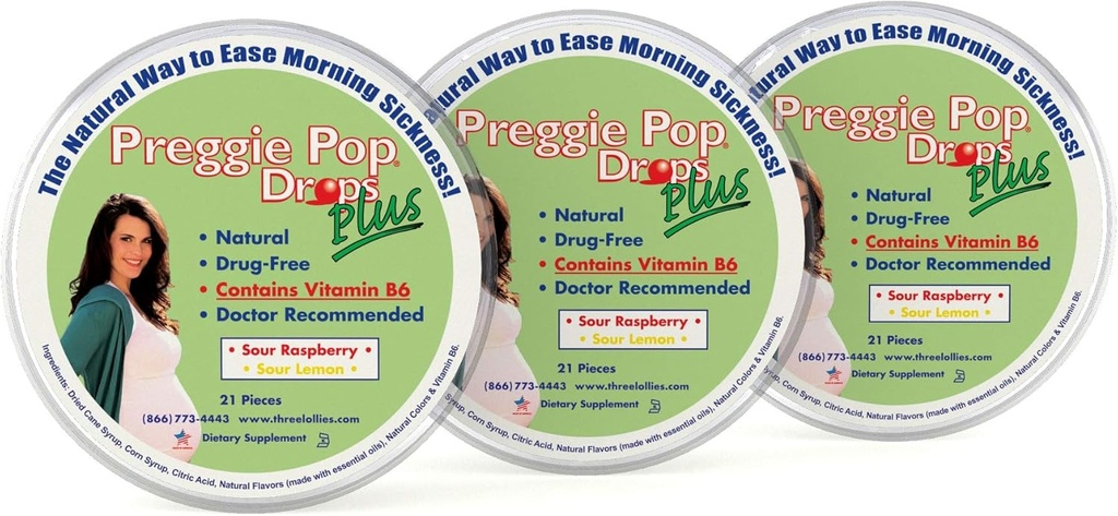 Preggie Pop Drops Plus | 21 Drops each | 임신 중 비타민 B6 | 임산부 & 아기용 안전 | 글루텐 프리 | 두 가지 맛: 레몬 & 라즈베리 (팩 3)