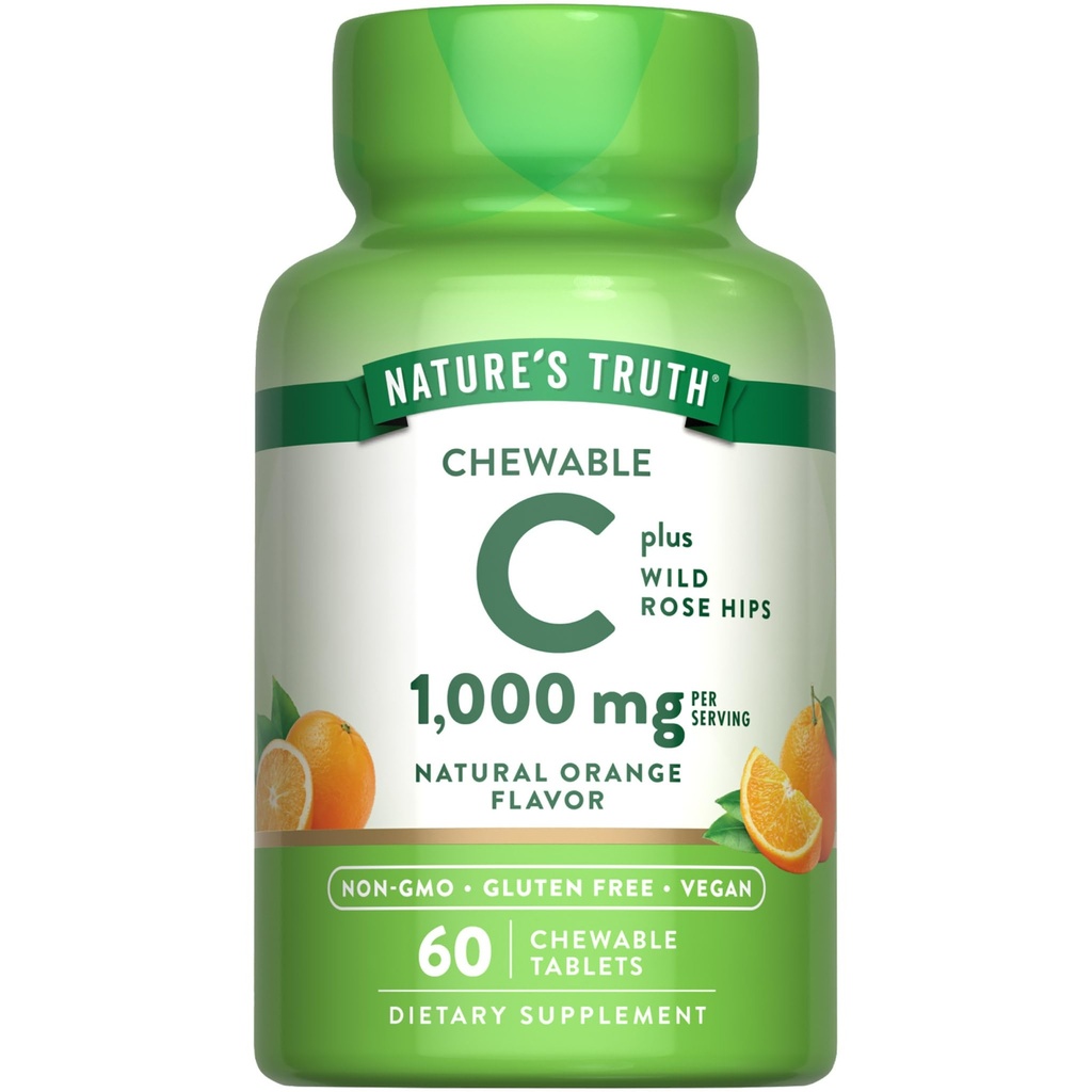 Nature's Truth Chewable Vitamin C with Rose Hips | 1000 mg | 60 정제 | 비건, 비 GMO 및 글루텐 무료 보충