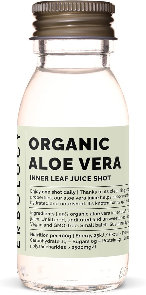 Erbology Organic Aloe Vera Juice 12 Daily Shot (2 fl oz) - 면역 지원 및 해독 - 안 잎에서 - 스페인 농장에서 스트레이트 - Undiluted - 추가 설탕 없음 - Non-GMO - 재활용 유리 병