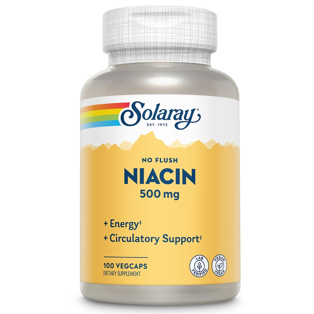 SOLARAY No Flush Niacin 500mg, Flush-Free 비타민 B3 Niacin, 에너지 및 Circulatory System Support, Vegan, Lab Verified, 60 일 환불 보증, 100 서빙, 100 VegCaps