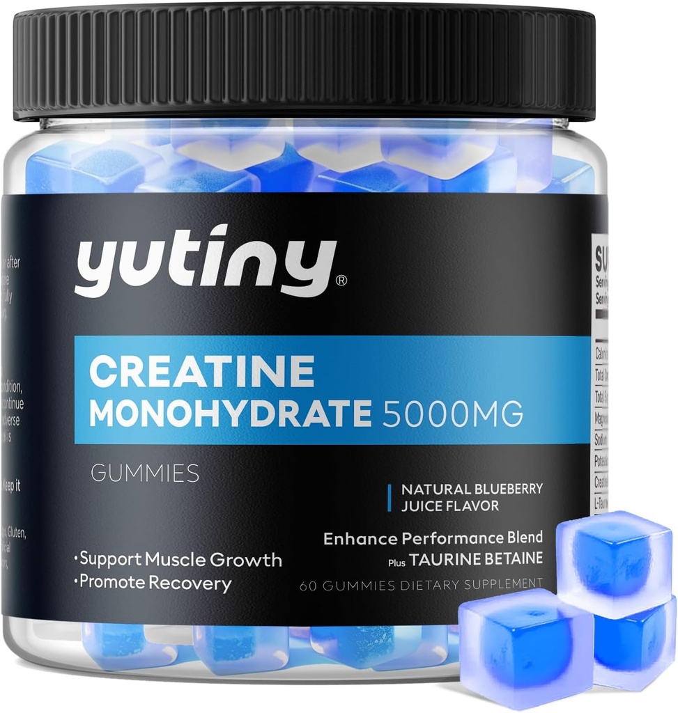 Creatine Monohydrate는 Gummies, 남자 & 여자를 위한 Creatine Monohydrate Chews, 근육 성장을 위한 여분 힘, Blueberry 풍미, 60 Chewables, 1 달 공급을 채웠습니다